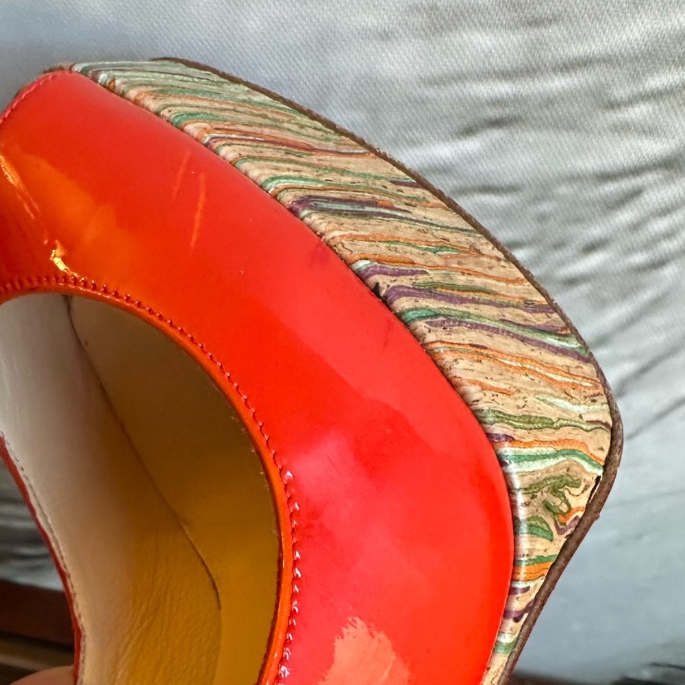🌺CHRISTIAN LOUBOUTIN 👠 Banane 140 Patent Cork Trinidad Pumps size 35.5 - Picture 12 of 17